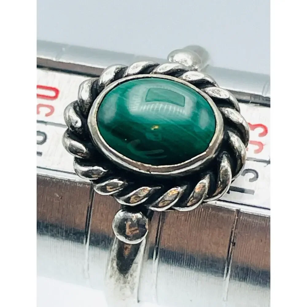 Sterling Silver Rope Bezel Ring FAS 925 US Size 6 Green Cabochon Malachite Look